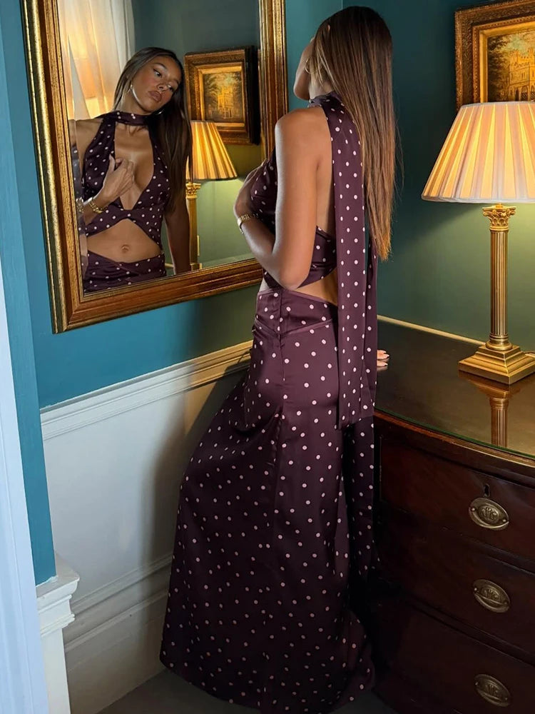 Wilhelmina Polka Dot Printed Halter Maxi Skirt Set Three-piece