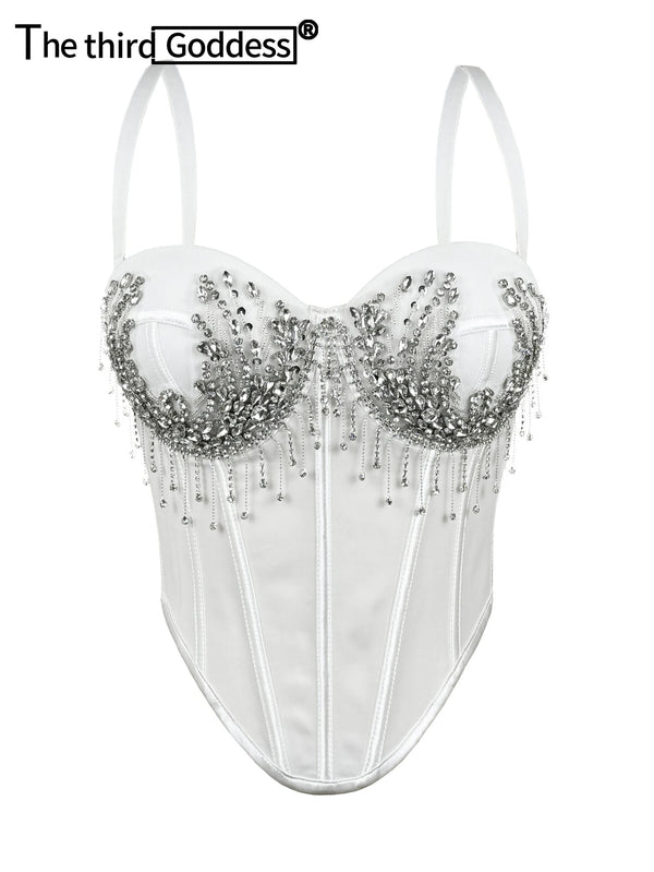 Sexy white rhinestone corset crop top women summer night club party tops for woman clothing black halter tanks top streetwear