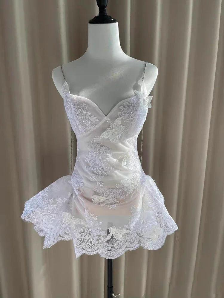 Valencia Butterfly Lace Chain-Strap Mini Dress