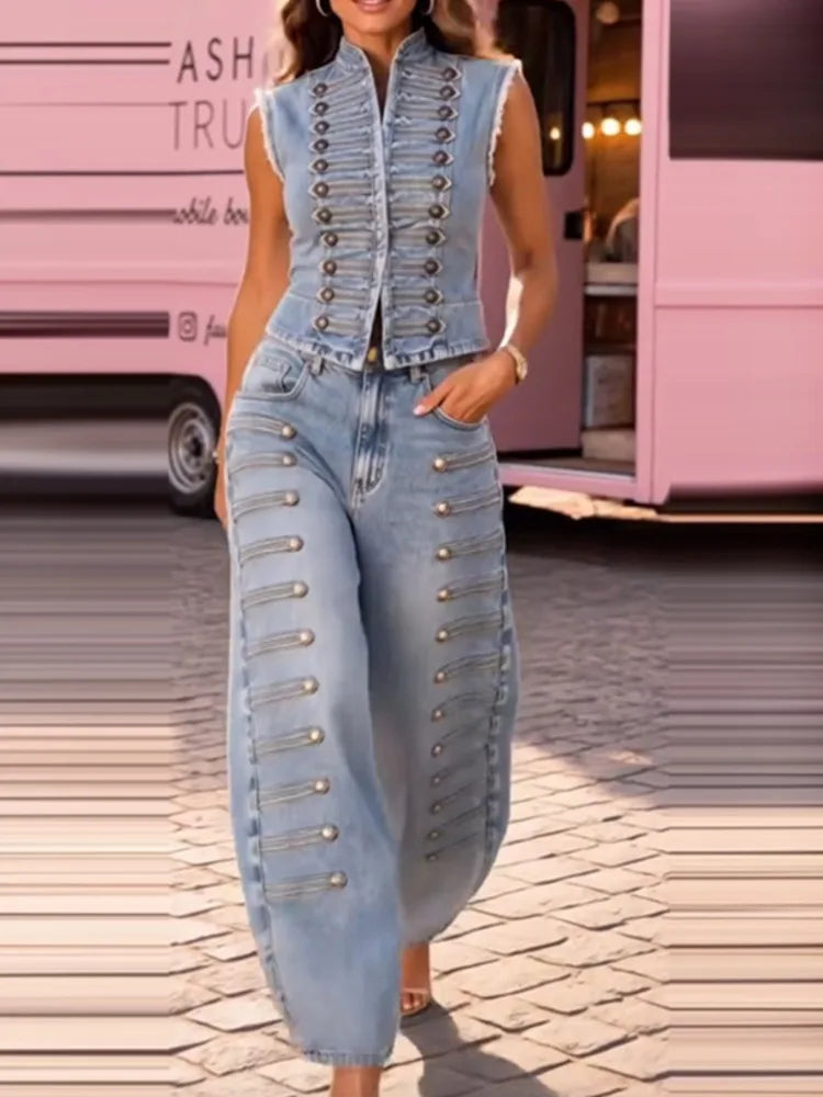 Bronwen Studded Denim Stand-Collar Vest & Wide-Leg Pants Two-piece