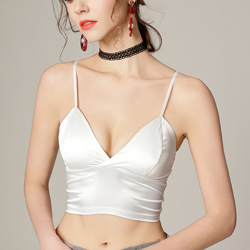 Silk Cami Tank Tops Women'S Camisole Spaghetti Strap Women V Neck White Black Sleeveless Streetwear High Street With Chest Pad