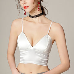 Silk Cami Tank Tops Women&#39;S Camisole Spaghetti Strap Women V Neck White Black Sleeveless Streetwear High Street With Chest Pad