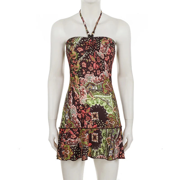 Luciana Printed Backless Halter Mini Dress