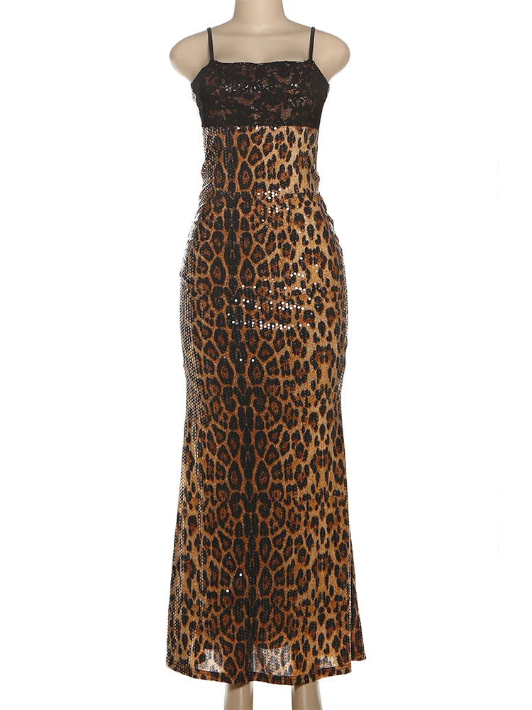 Nibber Patchwork Sequins Sling Dress Woman Leopard Print Sexy Fashion Low-Neck Backless Hot Girls Street Wild Style Long Bodycon