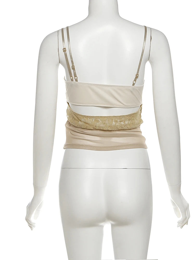 Camila Mocha Lace Spaghetti Strap Sheer Wrap Crop Top