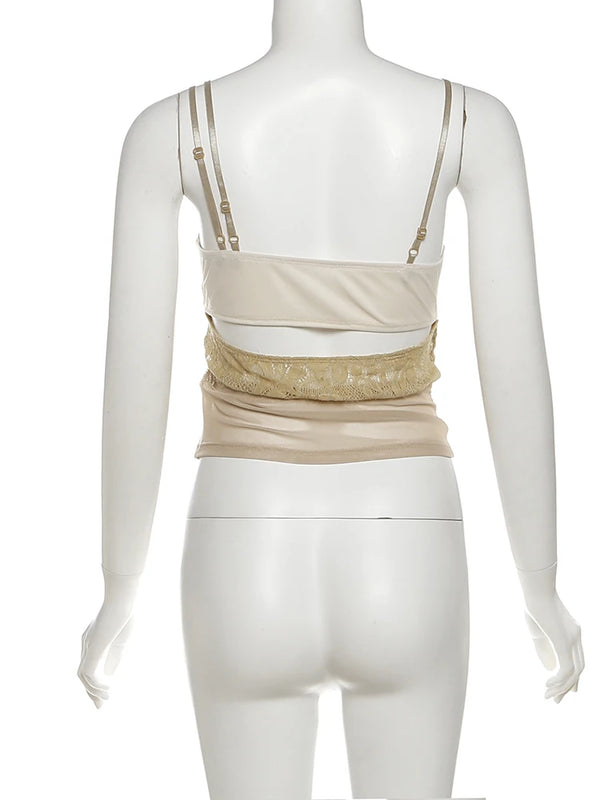 Camila Mocha Lace Spaghetti Strap Sheer Wrap Crop Top