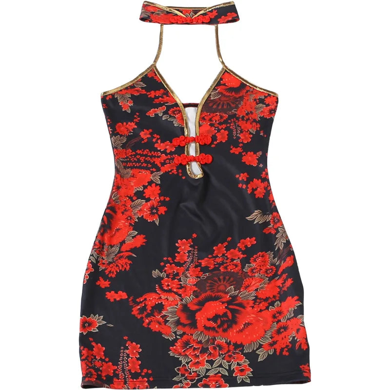 Wanda Red Floral Halter Plunge Cut-Out Bodycon Mini Dress