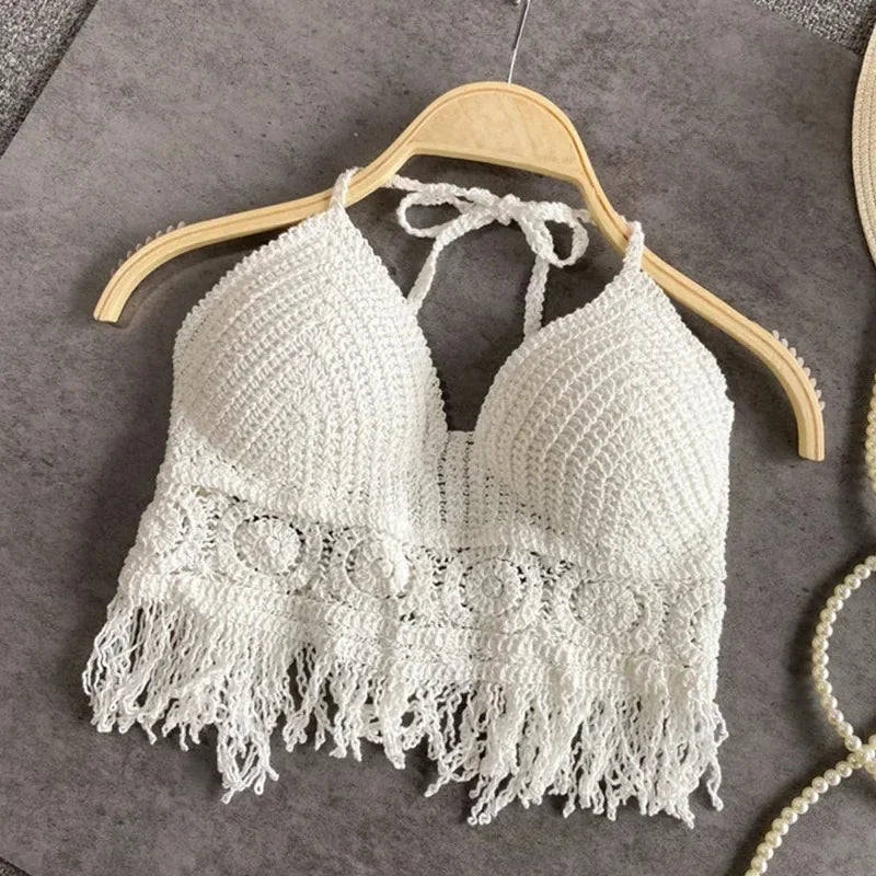 Soleil Crochet Tassel Halter Beach Crop Top One-piece