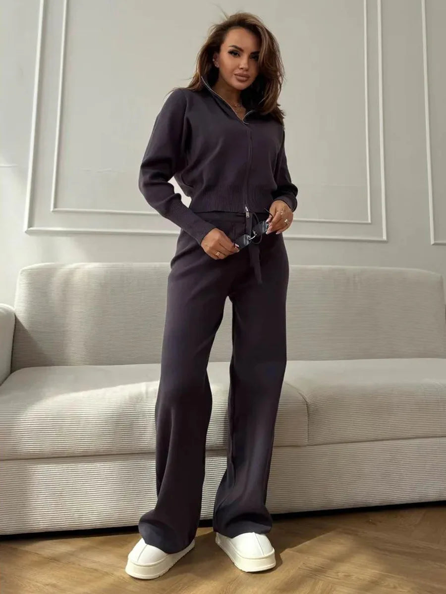 Sigourney Knit Zip-Up Cropped Cardigan & Wide-Leg Pants Two-Piece Set
