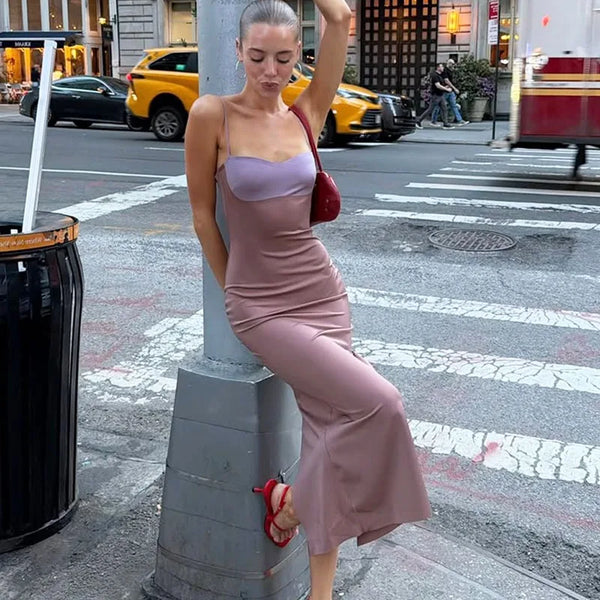 Lavendra Contrast Bust Cami Backless Bodycon Maxi Dress