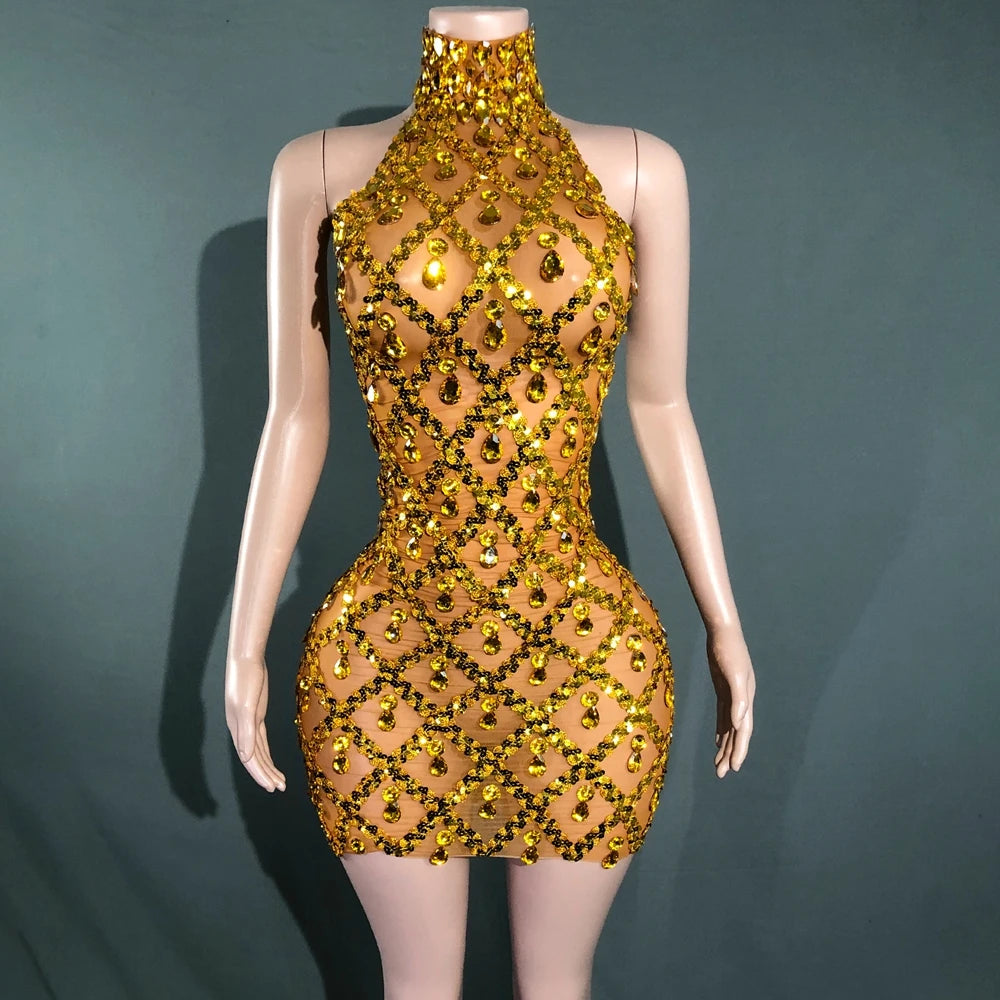 Elettra Rhinestone Sequin Lattice Sheer Mesh Mock-Neck Mini Dress