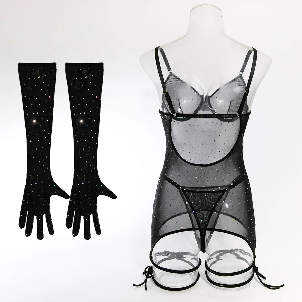 Honorine Shimmer Dot Sheer Mesh Garter Slip, Thong & Gloves Lingerie Three-piece