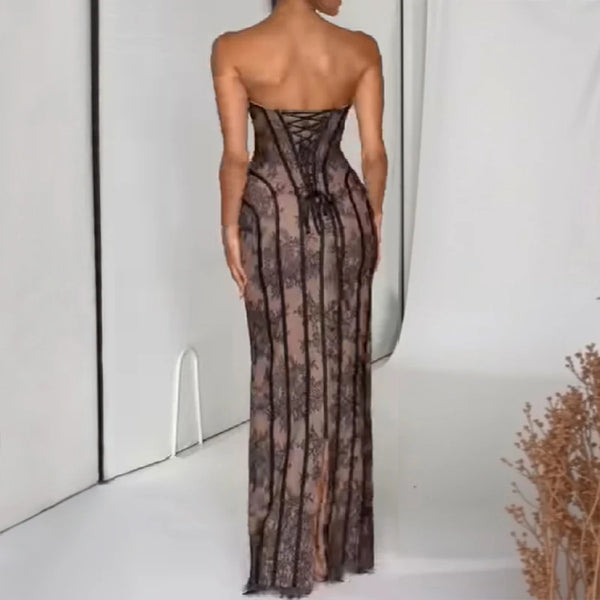 Zenobia Striped Floral Strapless Corset Backless Dress