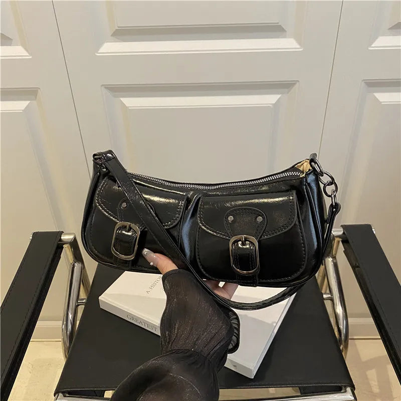 Fashion Pu Leather Women's Shoulder Bag Small Double Pocket Design Ladies Underarm Bags Y2k Vintage Female Handbags Clutch Purse Secondary image