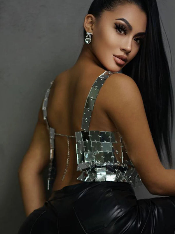 Sexy halter Metal sequin crop top women summer glitter beach club party tank top y2k streetwear womens tops hotwife rave outfits