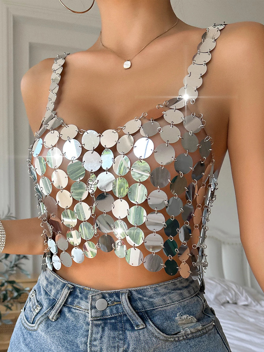 Marisol Metal Sequin Halter Crop Top