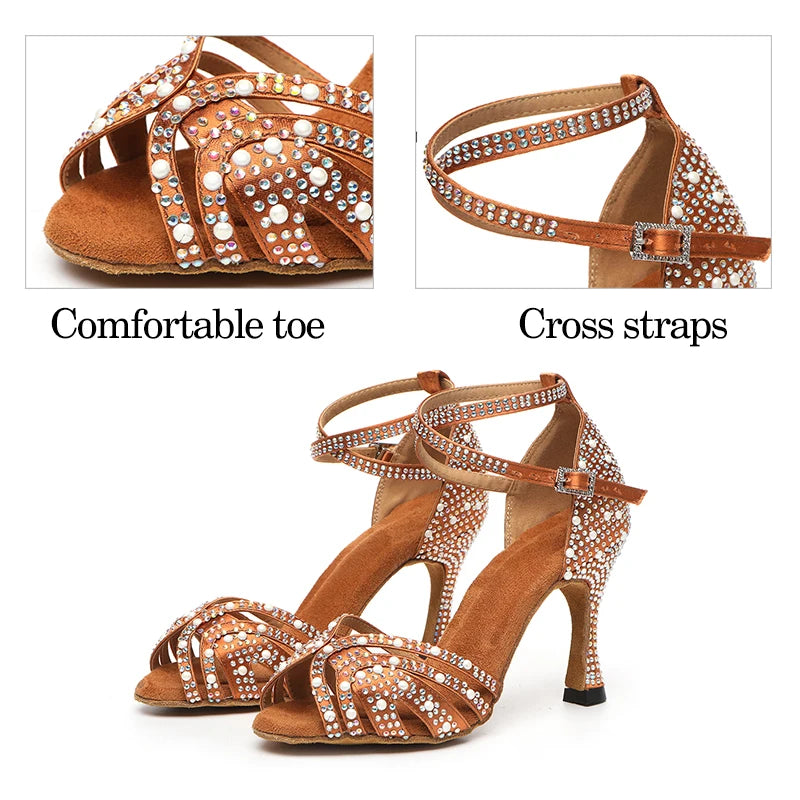 DKZSYIM Rhinestone Latin Dance Shoes Female Latin Salsa Girl Casual Shoes Black Bronze Skin Shiny Ballroom Dance Shoes Sandals