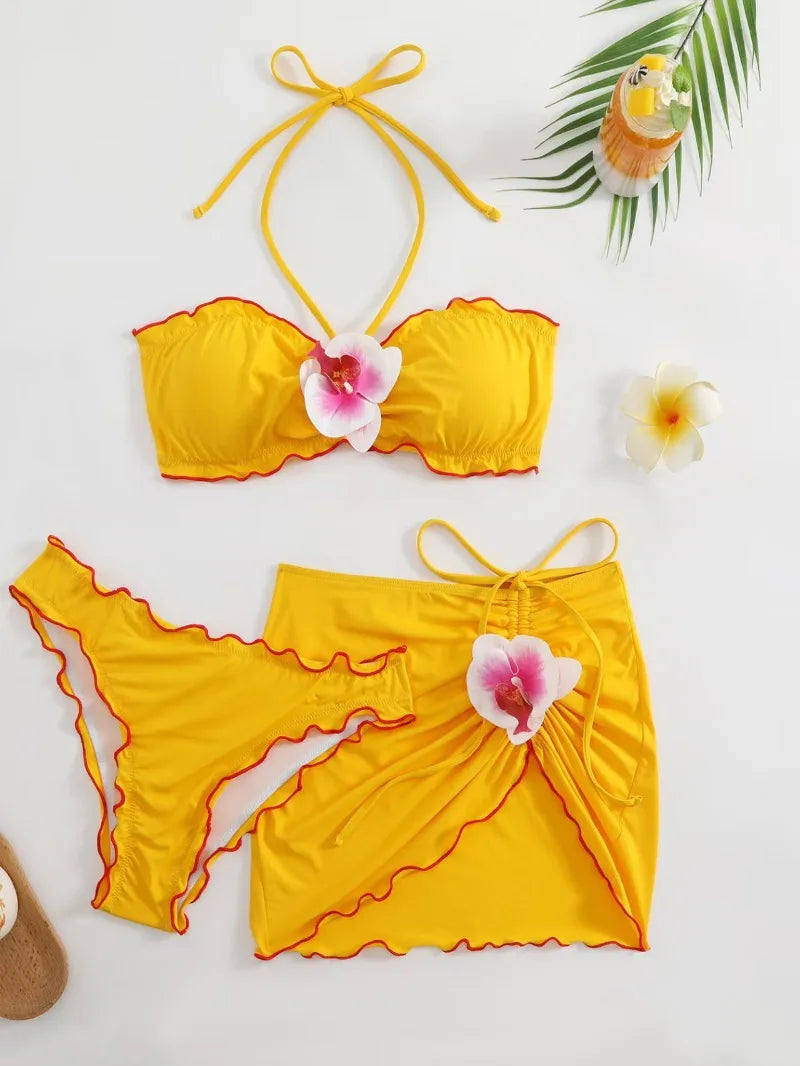 Temperance 3D Flower Halter Bikini & Skirt Three-piece