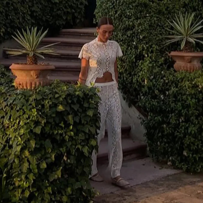 Fiora Sheer Floral-Lace Wide-Leg Pants Set Two-piece