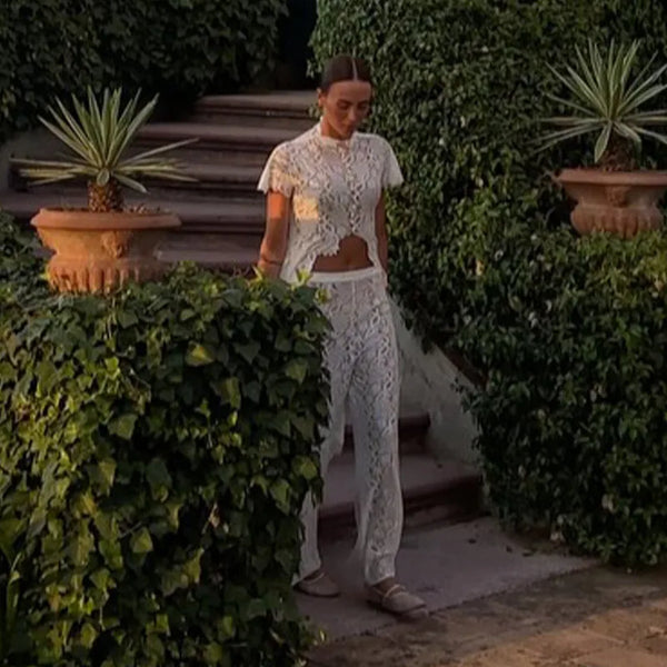 Fiora Sheer Floral-Lace Wide-Leg Pants Set Two-piece