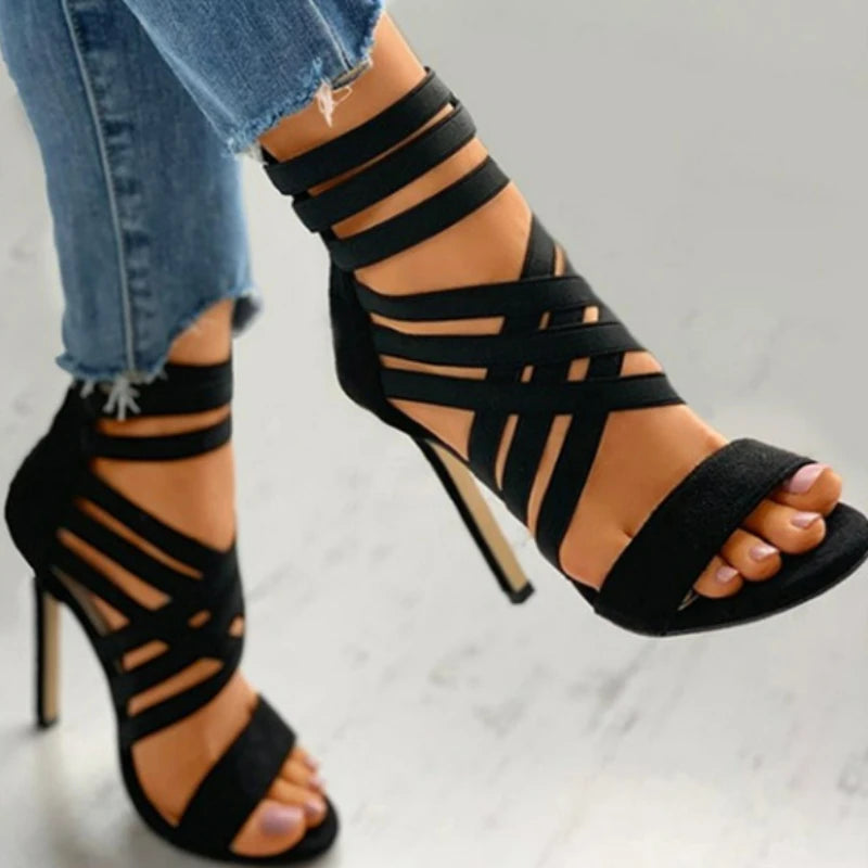 Women's Sandals Elastic Band Cross High Heels Sexy Peep Toe Pumps Summer New Back Zipper Sandals Black Pointed Toe Women Shoes