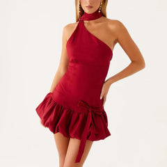 Isabella Riviera Polka Dot One-Shoulder Halter Ruffle Mini Dress