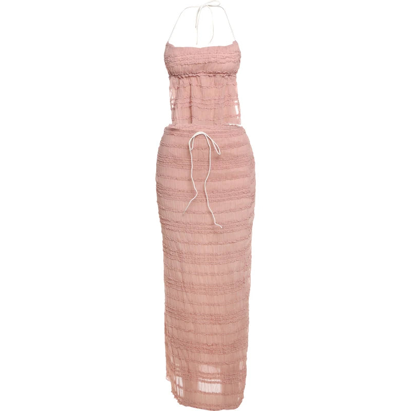 Oksana Sheer Crinkle Mesh Halter Lace-Up Crop Top & Maxi Skirt Two-piece