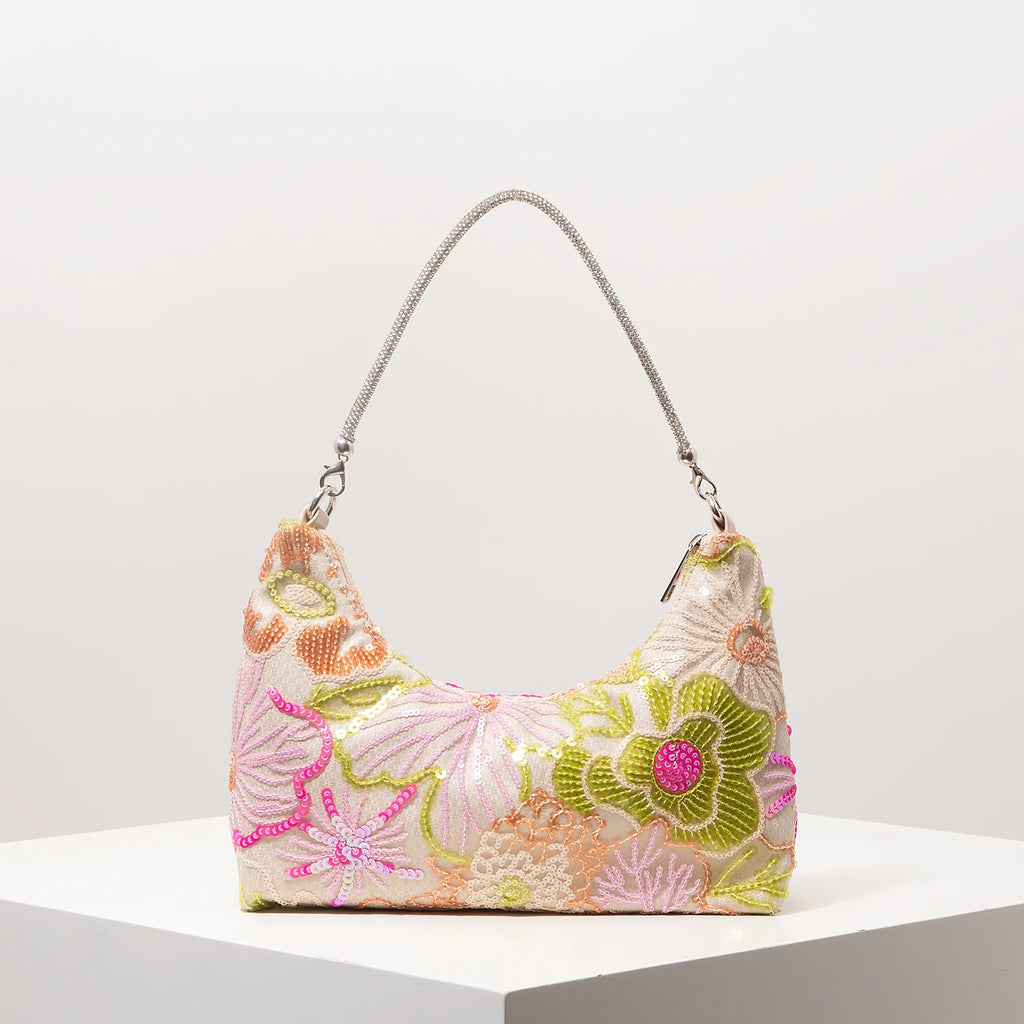 Florentina Floral Sequin Embroidered Half-Moon Shoulder Bag