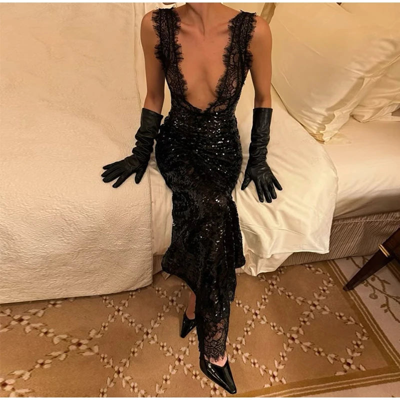 Alina Midnight Lace Sequin Maxi Dress