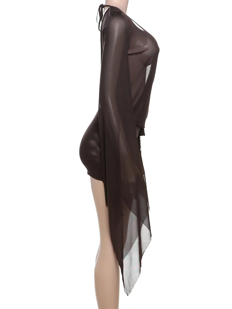 Ilvana Sheer Mesh Plunge Wrap Bell-Sleeve Backless Mini Dress