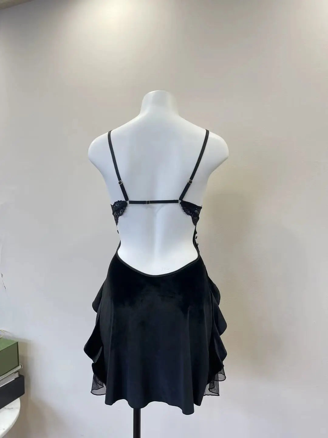 Noelle Lace-Trim Velvet Ruffle Backless Mini Nightgown