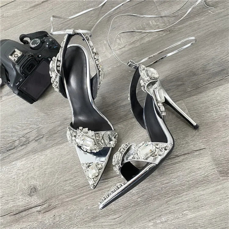 Jolie Rhinestone Lace-Up Stiletto Sandals