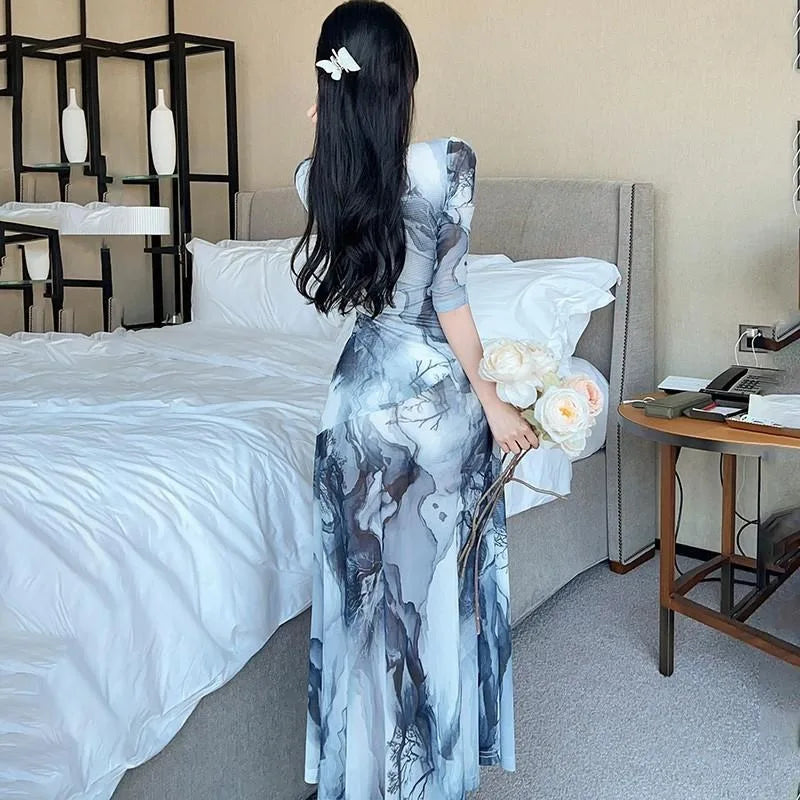 Yue Smudge-Print Plus-Size Qipao Maxi Dress