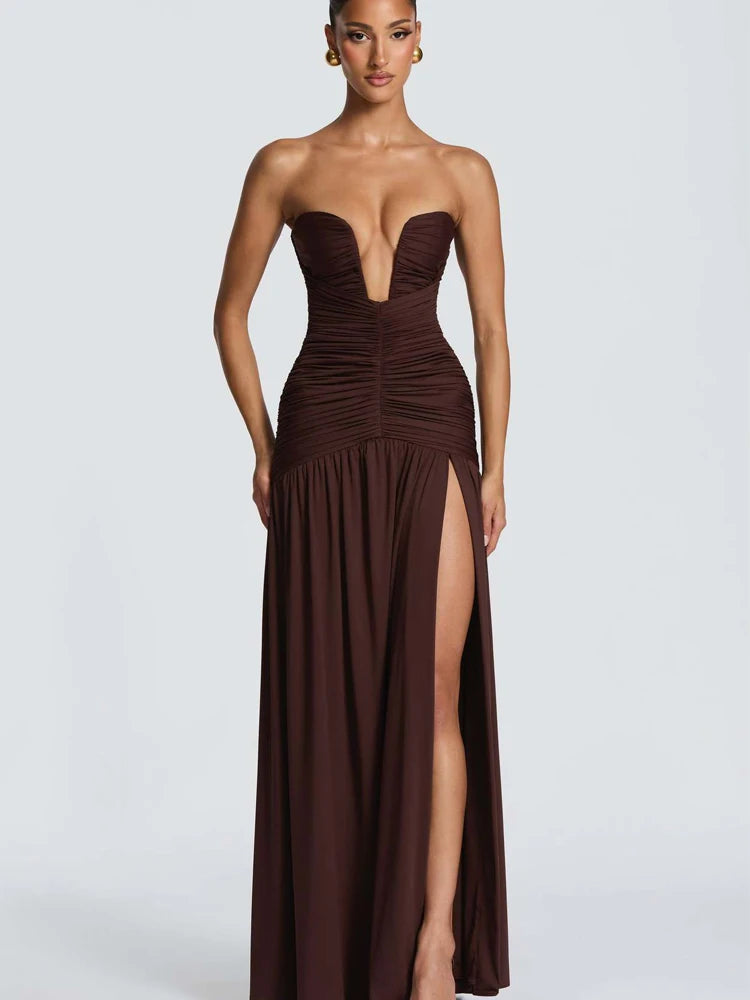Celestia Strapless Pleated Split Maxi Dress