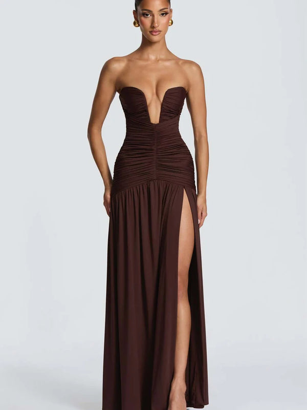 Celestia Strapless Pleated Split Maxi Dress