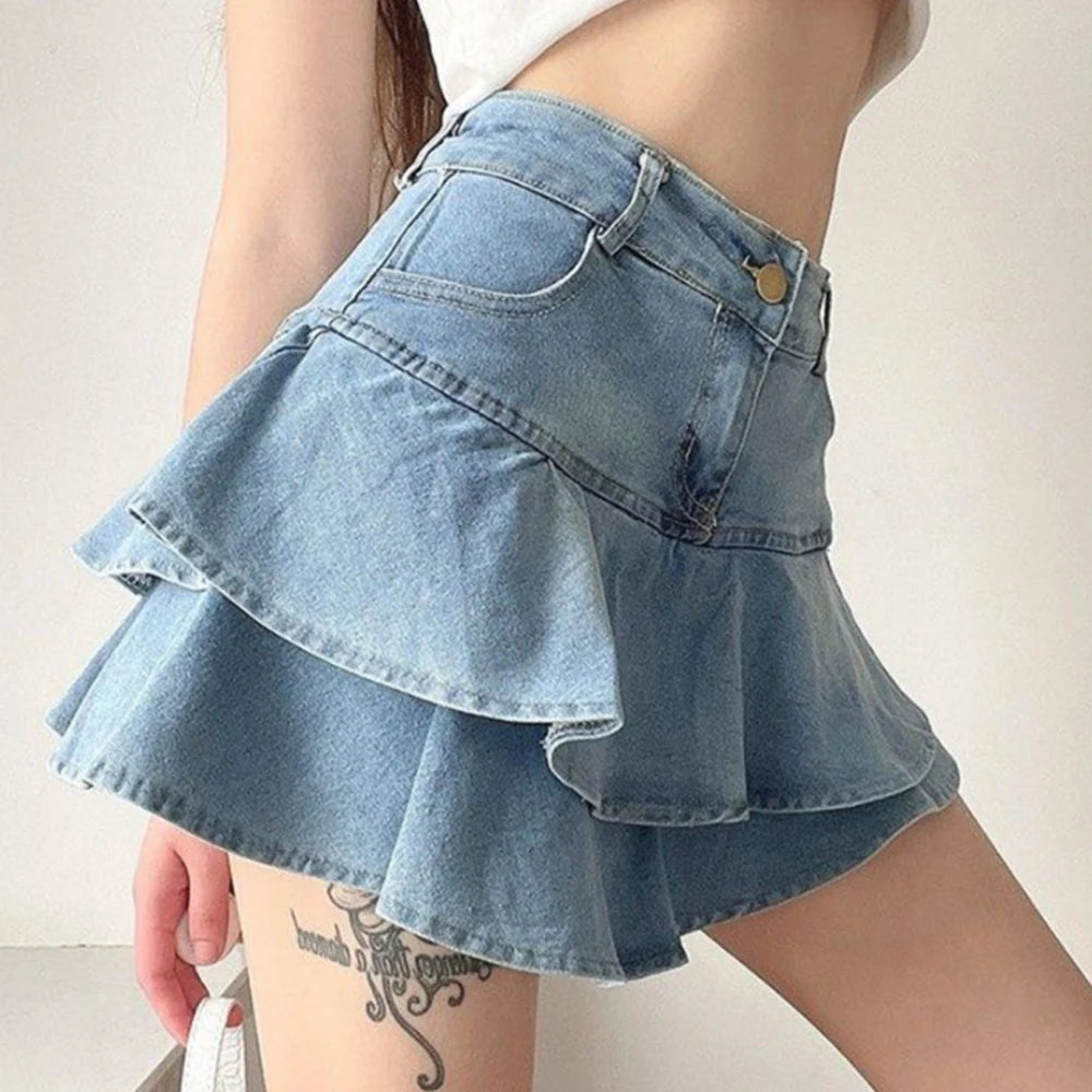 Skye Vintage Distressed Denim Ruffle Skort One-piece