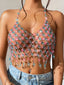 Sexy see through metal rhinestone crop top women summer beach club party tops woman crystal halter tank top hotwife street wear