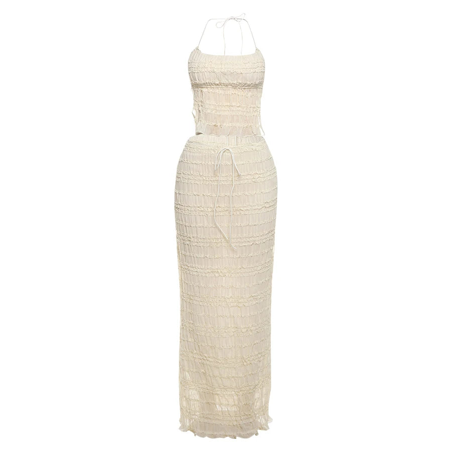 Oksana Sheer Crinkle Mesh Halter Lace-Up Crop Top & Maxi Skirt Two-piece