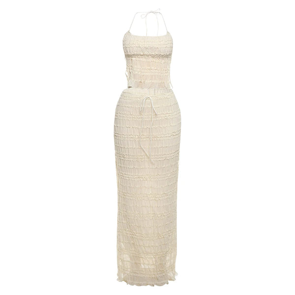 Oksana Sheer Crinkle Mesh Halter Lace-Up Crop Top & Maxi Skirt Two-piece