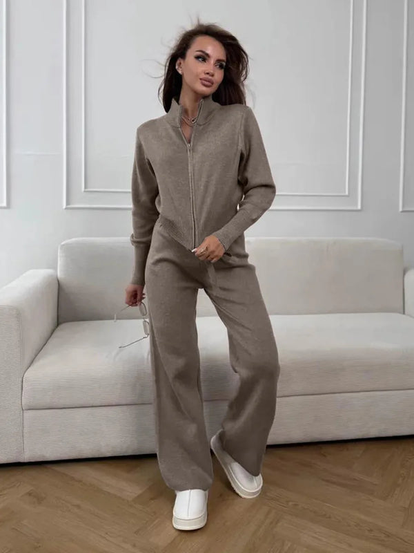 Sigourney Knit Zip-Up Cropped Cardigan & Wide-Leg Pants Two-Piece Set