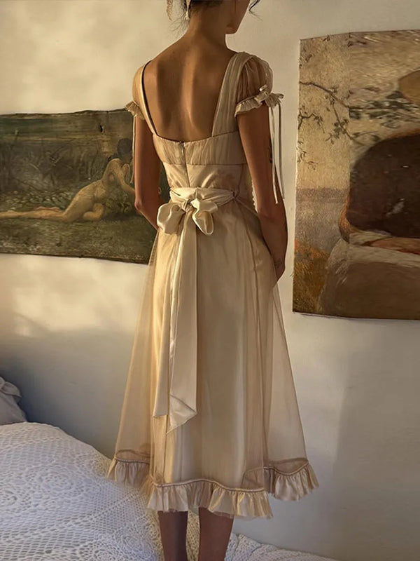 Demi Mesh Satin Tie-Strap Midi Dress