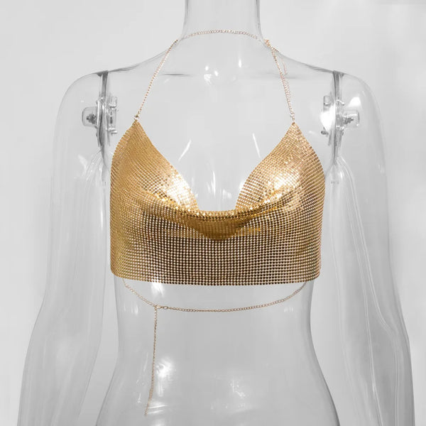 Electra Metallic Sequin Halter Backless Crop Top One-piece