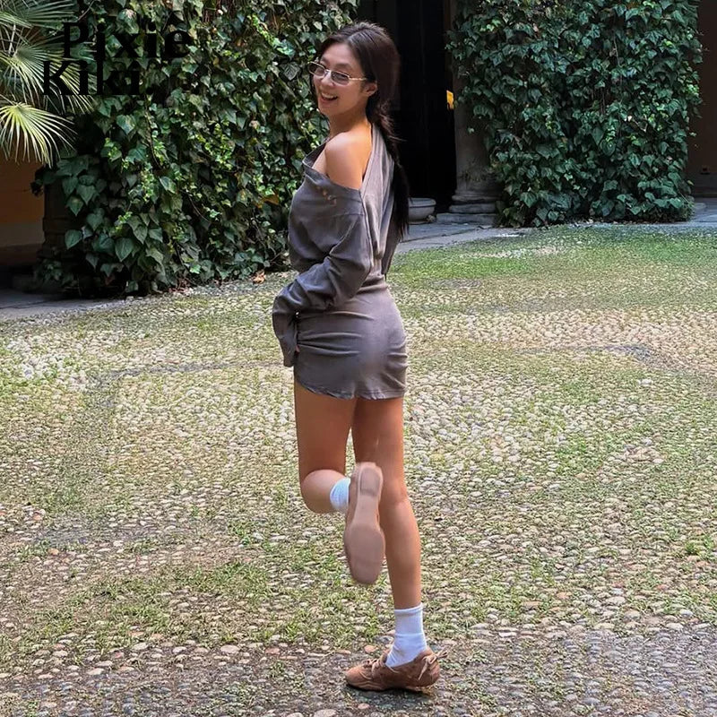PixieKiki Jennie One Shoulder Long Sleeve Mini Dress Fashion Sexy Asymmetrical Grey Dresses 2025 Woman Fall Clothes P71-DF32