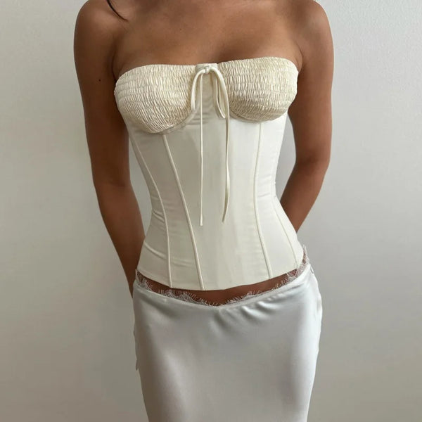 Zinaida Ivory Satin Bow-Front Corset Tube Top One-piece