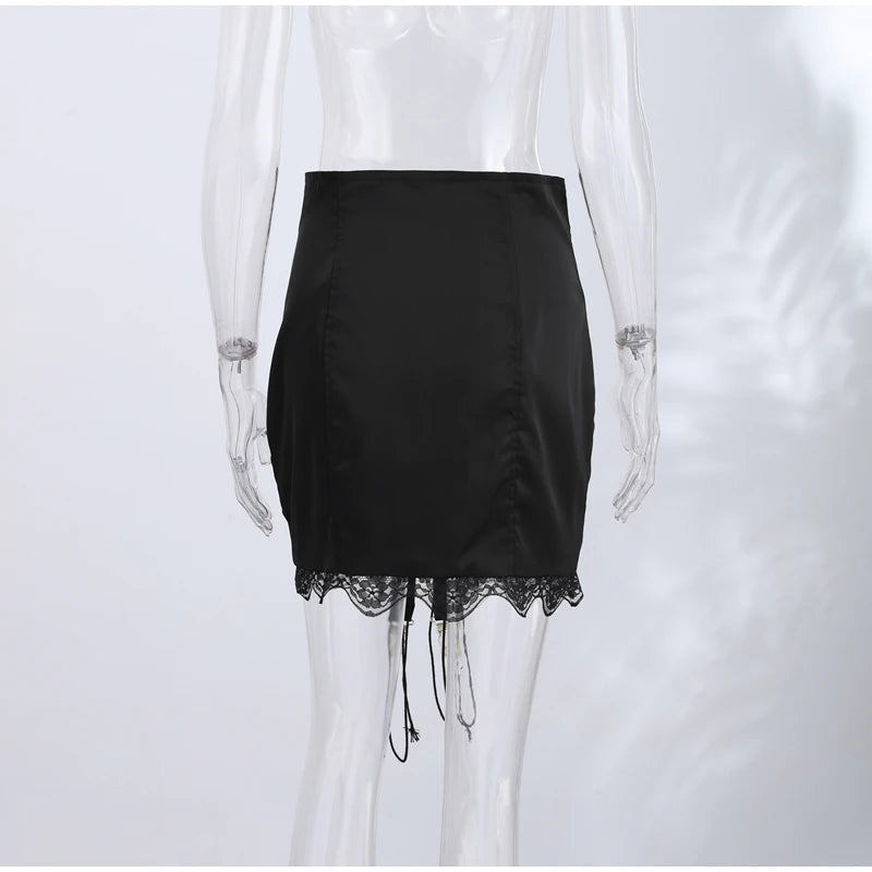 Ghislaine Satin Lace-Up Corset Mini Skirt with Lace Trim One-piece
