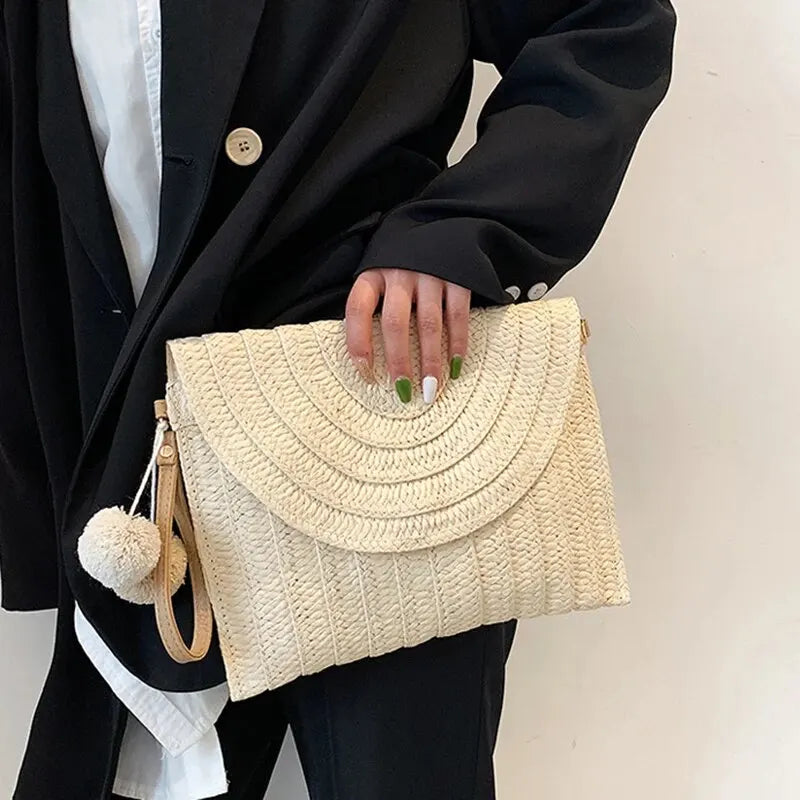 Soleil Woven Straw Envelope Crossbody Bag