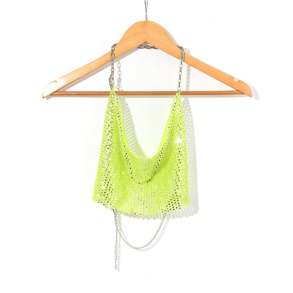 Leqoel Rhinestone Tops for Women 2022 Fashion Sleeveless Halter Hollow Out Shiny Metal Cropped Mesh Tank Sexy Backless Top