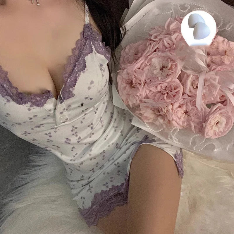 Cerise Cherry-Print Lace-Trim Nightgown Lingerie