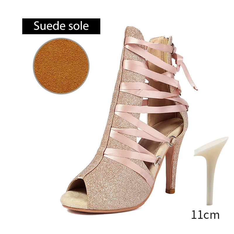 DKZSYIM Women Dance Boots Girls Ladies Jazz Dancing Shoes Thin Heels Glitter Shining Latin Indoor Party Dance Shoes Personalized