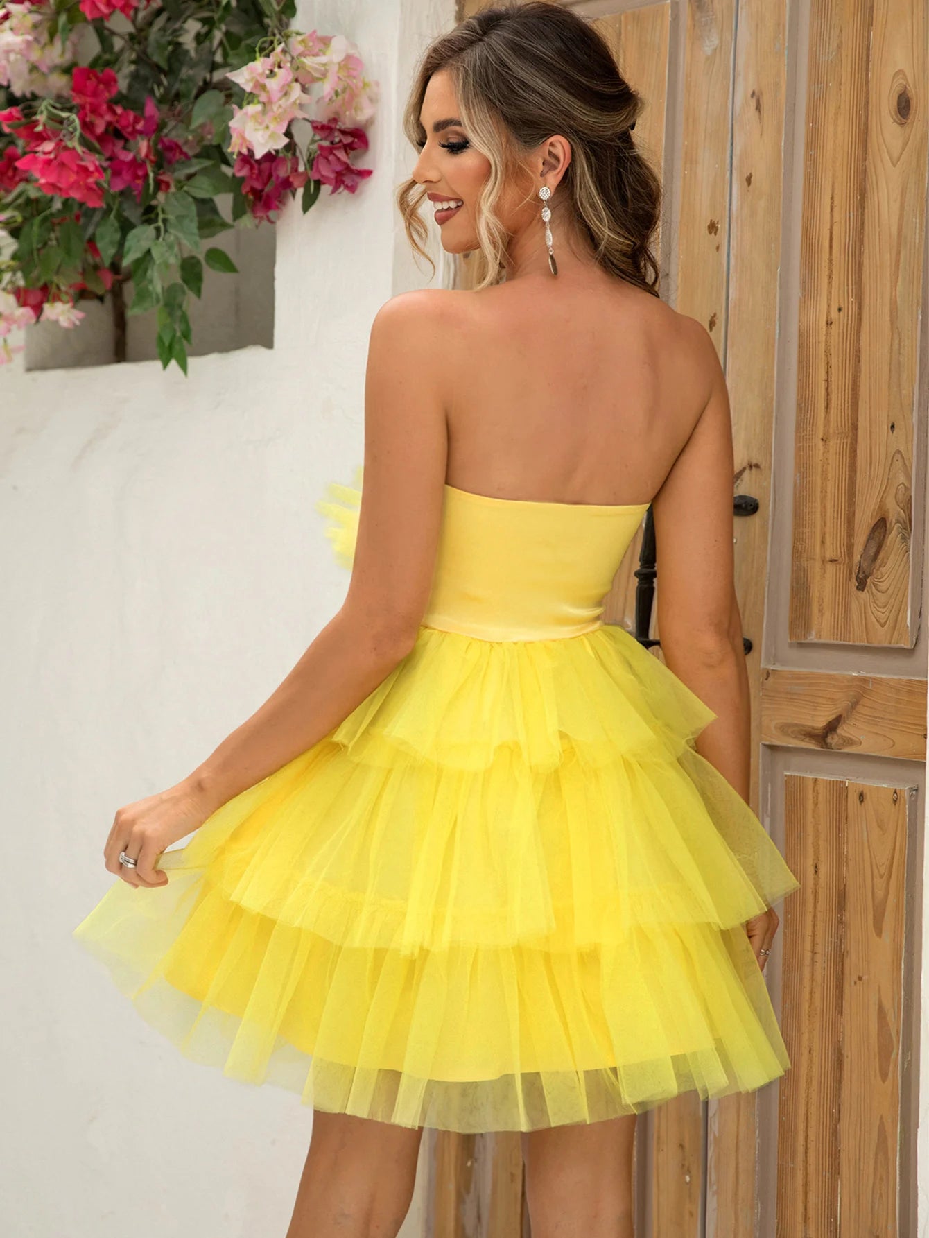 Solene Yellow Mesh Strapless Mini Dress